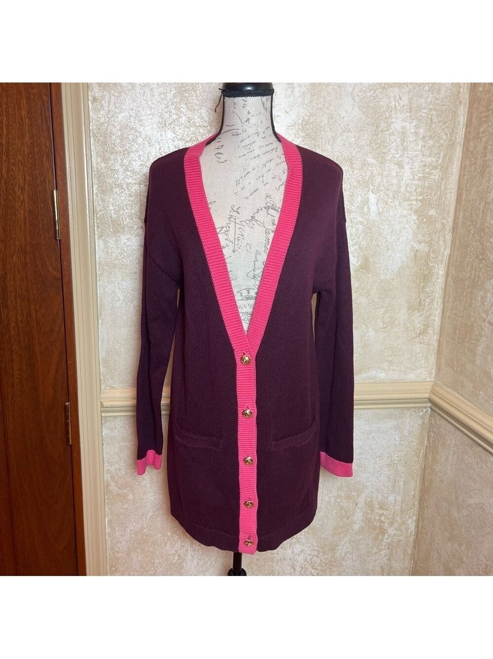 New Talbots V-Neck Tipped Cotton Burgundy Grandpa Cardigan Boyfriend Sweater MP - Picture 5 of 13